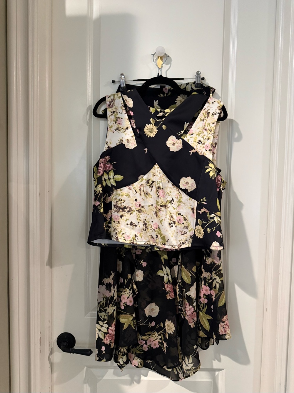 BCBG Black Floral Sleeveless Crop Top with Pink & Green Accents